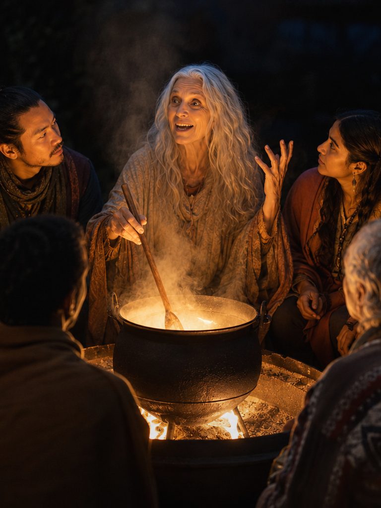 A storyteller stirring a great cauldron over a fire while a circle of people listens